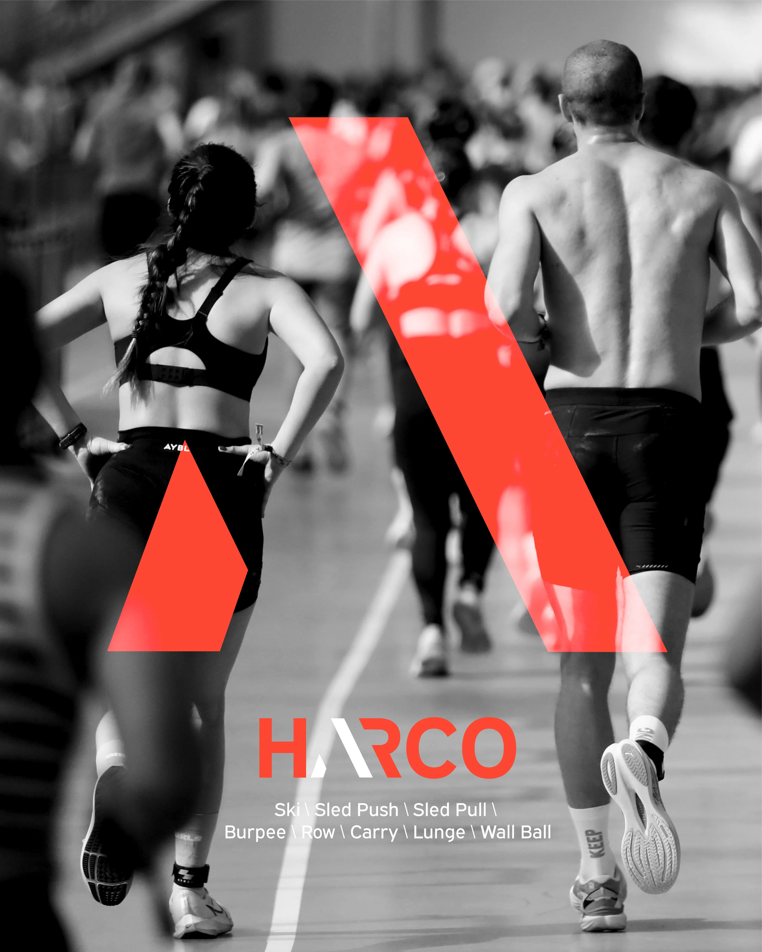 HARCO 八項混合運動：Ski、Sled Push、Sled Pull、Burpee、Row、Carry、Lunge、Wall Ball